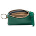 Green leather keychain pouch with zipper on a white background