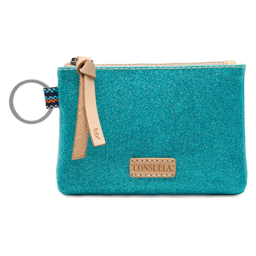 Teal glittery pouch with keychain and visible brand logo on a white background