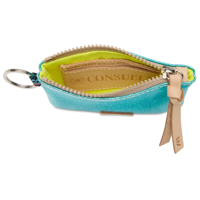 Small turquoise glittery purse with a beige interior and keychain attachment on a white background