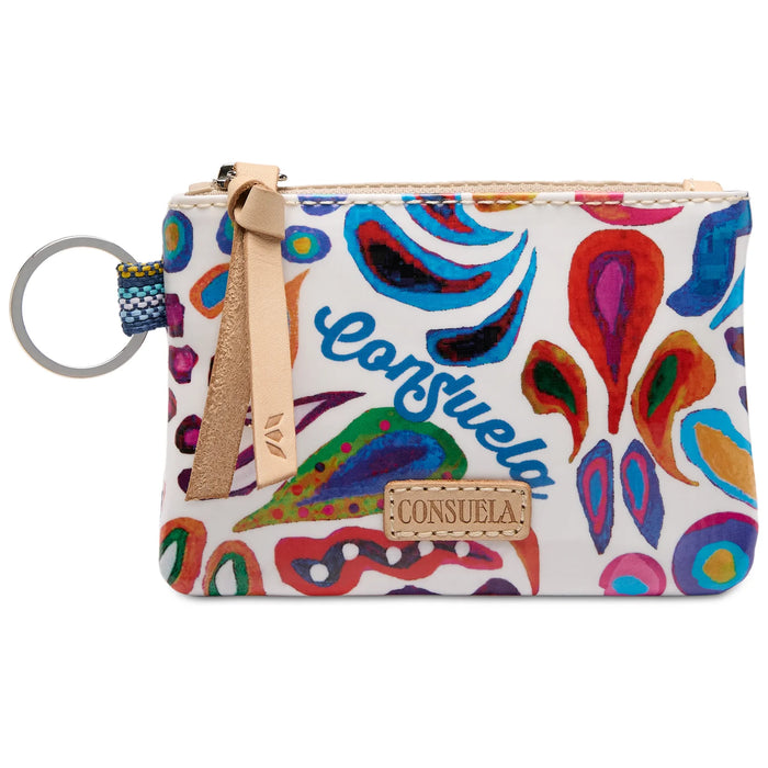 Colorful patterned pouch with 'Consuela' branding on a white background