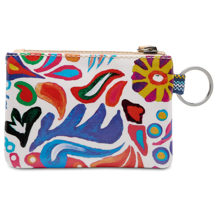 Colorful floral-patterned pouch with a keychain on a white background