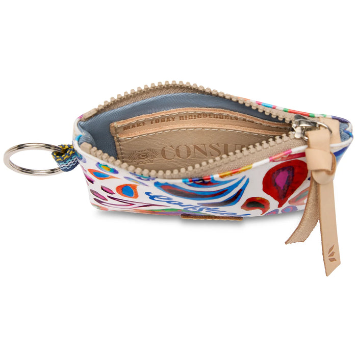 Colorful patterned keychain pouch with a bow on a white background