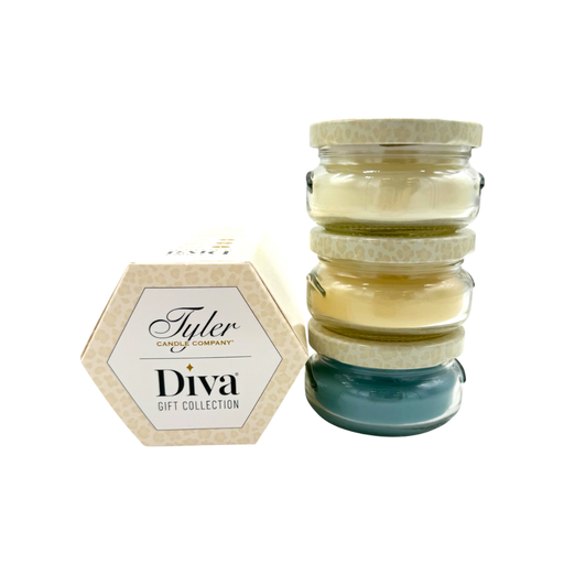 Tyler Candle Company Diva Gift Collection with stacked candles on a white background