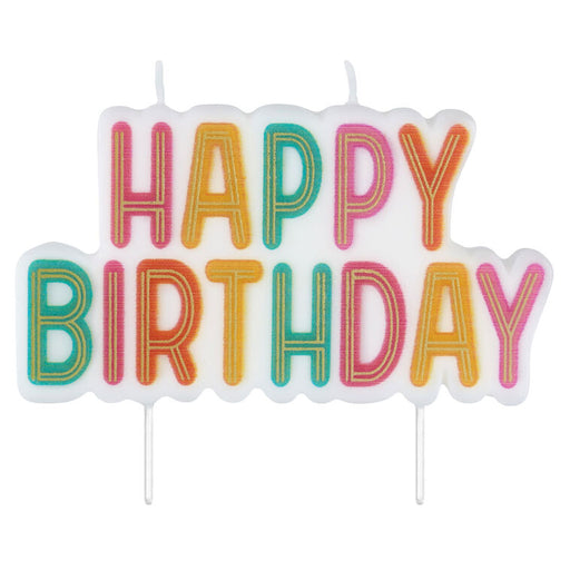 Colorful 'Happy Birthday' candles on a white background