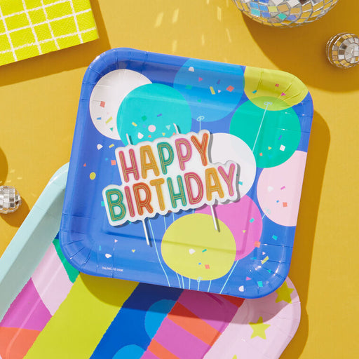 Colorful 'Happy Birthday' paper plate on a yellow background