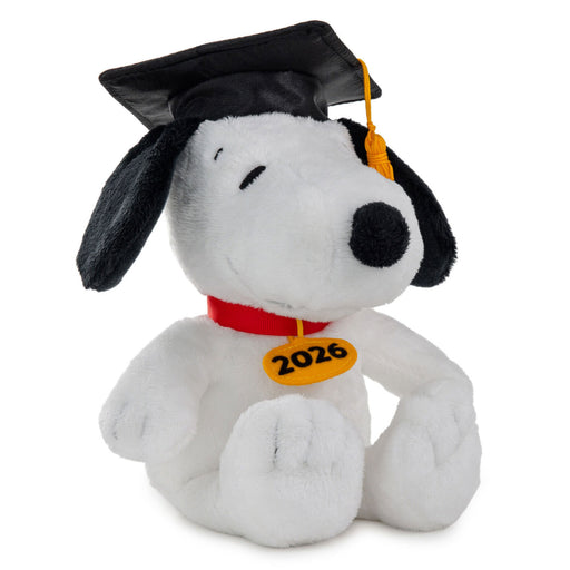 Plush dog toy wearing a graduation cap with '2026' on a white background