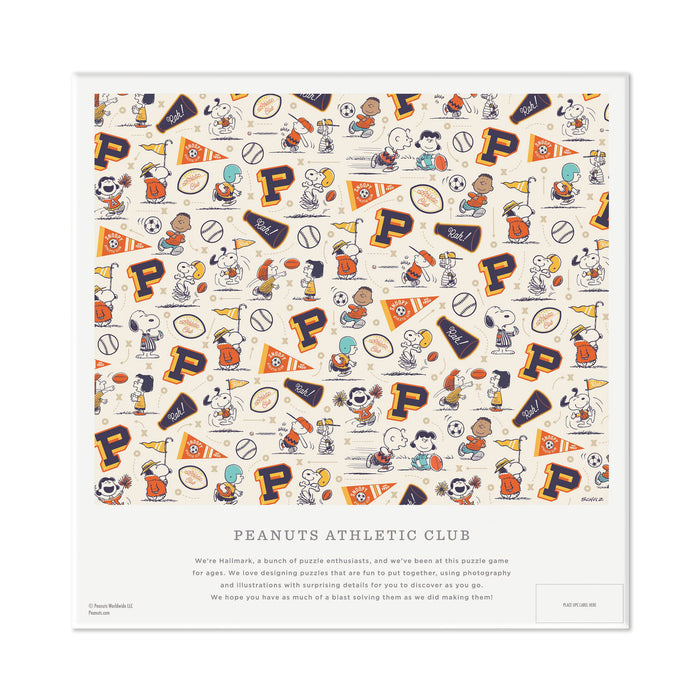Patterned paper with Peanuts characters and 'P' logos, labeled 'Peanuts Athletic Club'.