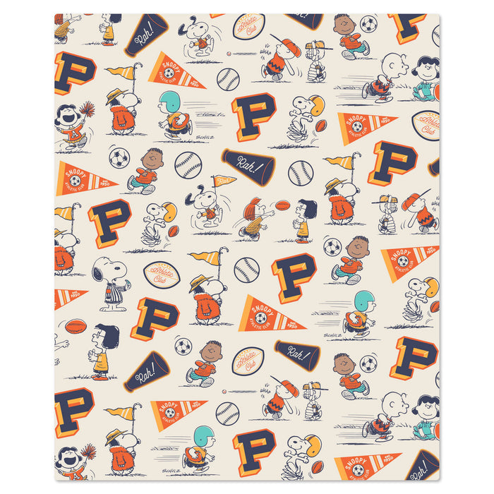 Patterned fabric with cartoon characters and letters 'P' and 'F'
