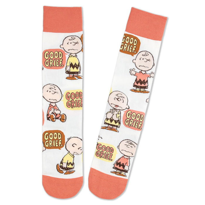 Two socks with Charlie Brown and Snoopy characters and 'Good Grief' text on a white background.