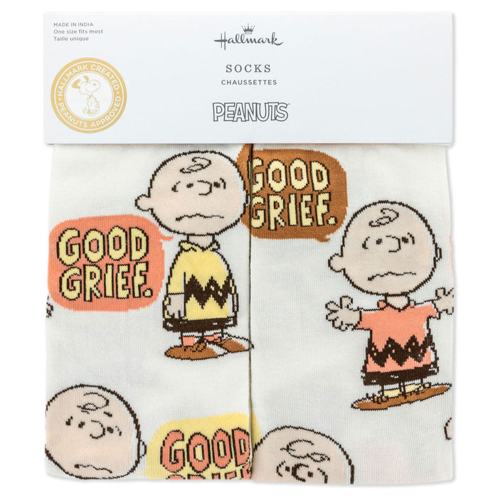 Pair of socks with Charlie Brown and Snoopy design on packaging, featuring the Hallmark brand.