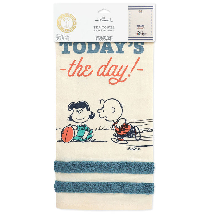 Tea towel with cartoon characters and 'Today's the day!' text, featuring Hallmark branding.