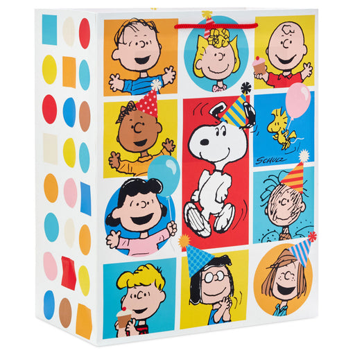 Gift box with colorful Peanuts character illustrations on a white background