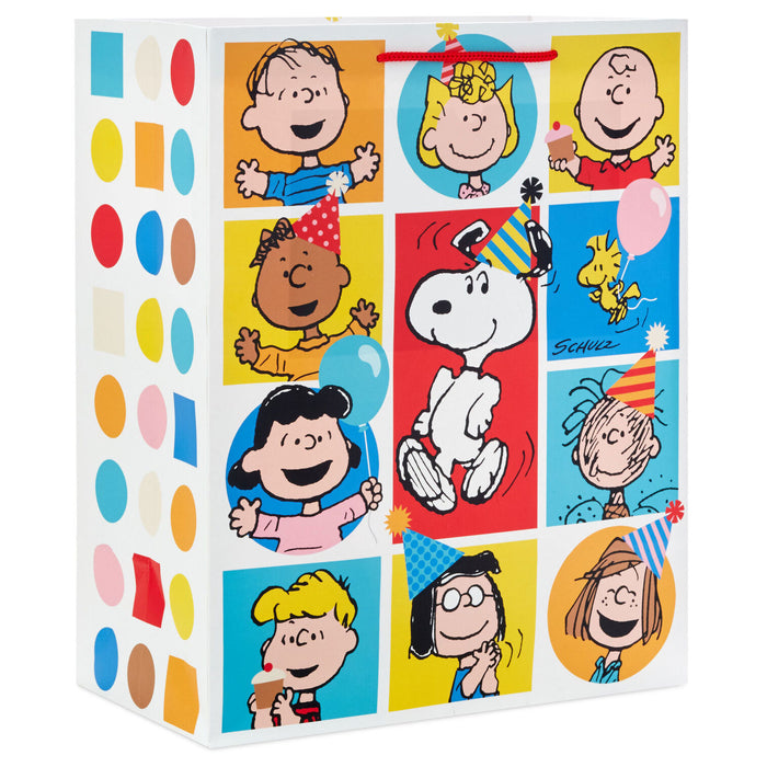 Gift box with colorful Peanuts character illustrations on a white background