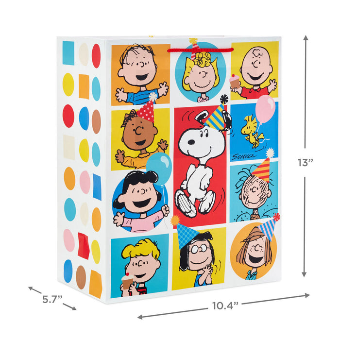 Cartoon character-themed gift bag with dimensions on a white background
