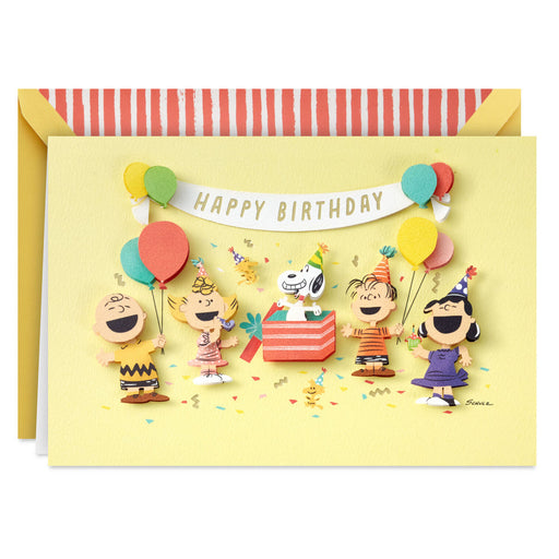 Birthday card with cartoon characters and balloons on a yellow background