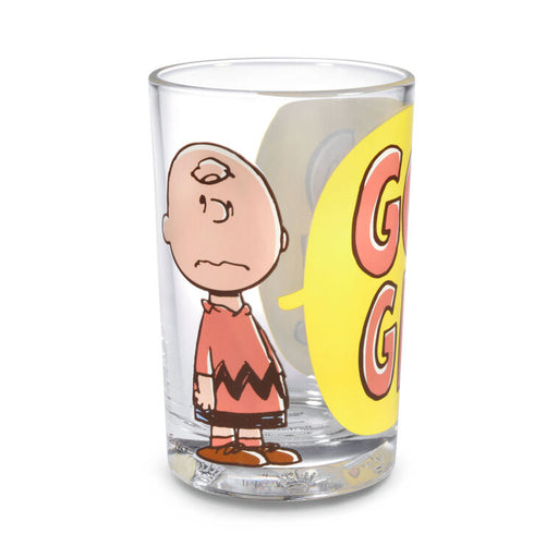 Clear glass with a cartoon character and 'G' on a white background