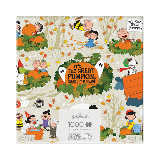 Hallmark 1000-piece Peanuts 'It's the Great Pumpkin, Charlie Brown' jigsaw puzzle box, featuring festive autumn illustrations of characters in costumes on a cream background.