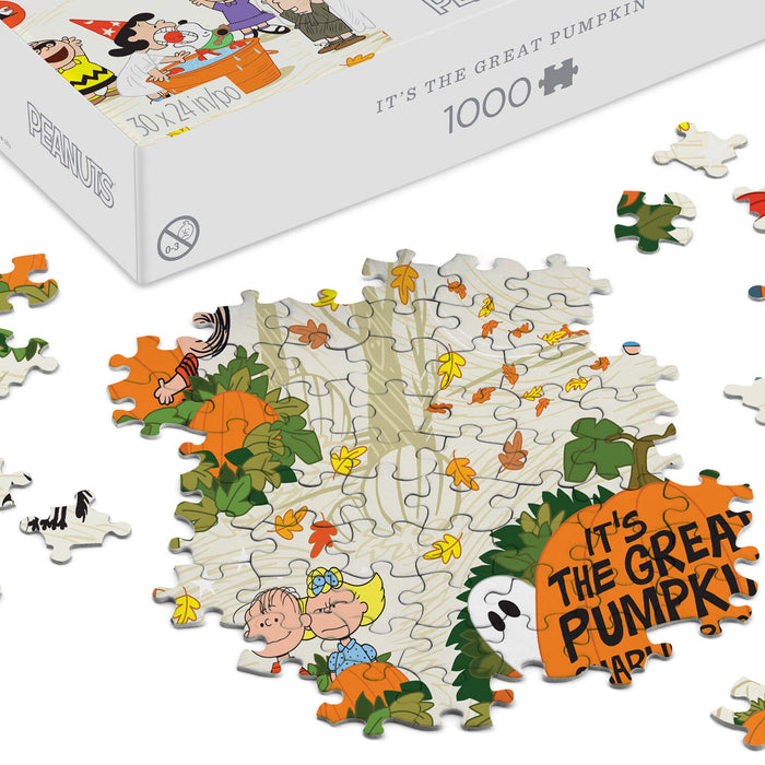 A 1000-piece jigsaw puzzle featuring Peanuts characters in a fall-themed scene, shown with its white box and several loose puzzle pieces on a white background.