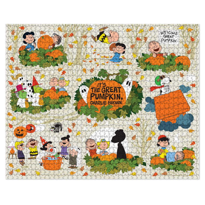 A completed jigsaw puzzle featuring Peanuts characters around pumpkins and autumn scenes, with the central text 'IT'S THE GREAT PUMPKIN, CHARLIE BROWN.' The puzzle fills most of the frame on a white background.