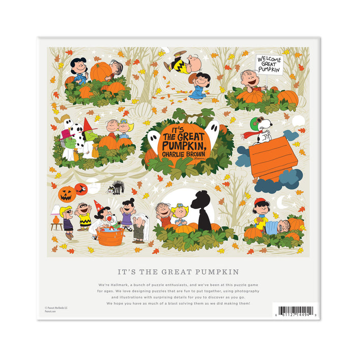 A square printed puzzle cover for 'It's the Great Pumpkin, Charlie Brown' featuring multiple illustrated scenes with Peanuts characters, pumpkins, autumn leaves, and a doghouse on a cream background, with product text and a barcode below.