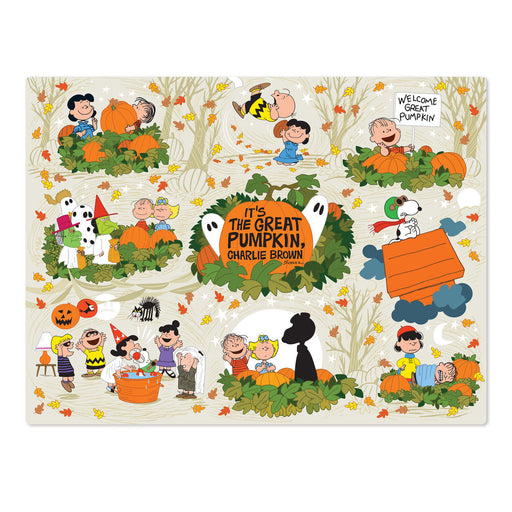 A square decorative print or tile featuring a collage of Peanuts Halloween scenes with Charlie Brown, Snoopy, Woodstock, Peppysuckle, and other characters around pumpkins, ghosts, autumn leaves, and a central orange sign reading “It’s the Great Pumpkin, Charlie Brown.”.