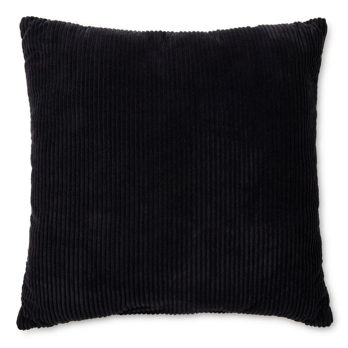 A square black corduroy throw pillow shown against a plain white background.