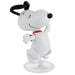 A white Snoopy figurine wearing a red collar and black bow tie, posed dancing on a clear circular base against a white background.