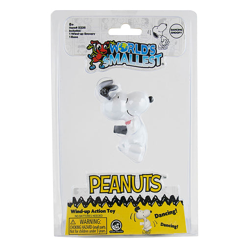 Peanuts Snoopy 'World's Smallest' wind-up action toy in its original blister packaging, featuring a white Snoopy figure with black ears and a small pink bow tie.