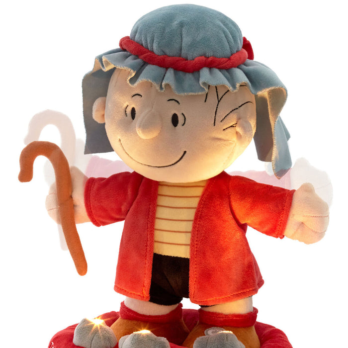 Plush toy of a character with a red coat and blue hat holding a cane on a white background