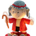 Plush toy of a character with a red coat and blue hat holding a cane on a white background
