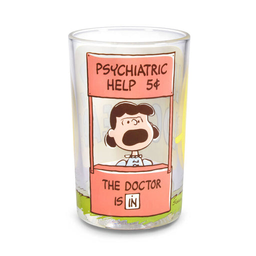 Glass with cartoon design of a character in a booth labeled 'Psychiatric Help' on a white background