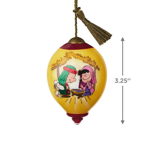 Decorative Christmas ornament with nativity scene illustration on a yellow background, featuring a height measurement.
