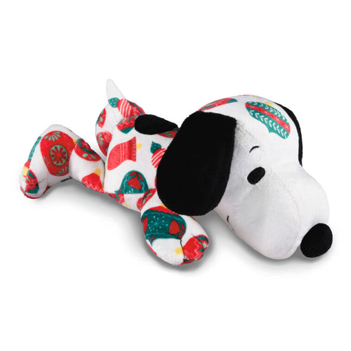 Plush dog toy with a colorful pattern on a white background