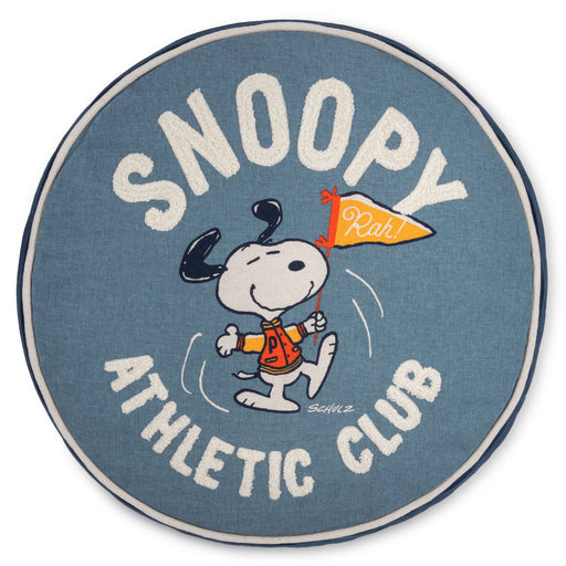 Round blue mat with Snoopy and 'Snoopy Athletic Club' text on a white background