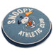 Round blue pillow with Snoopy and 'Snoopy Athletic Club' text on a white background