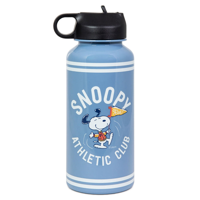 Blue water bottle with Snoopy design on a white background