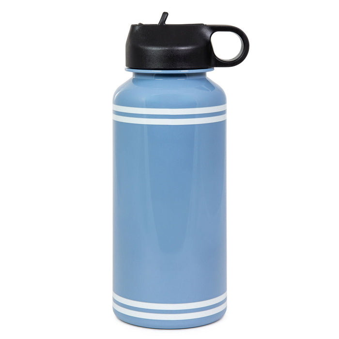 Blue water bottle with a black lid on a white background
