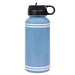 Blue water bottle with a black lid on a white background