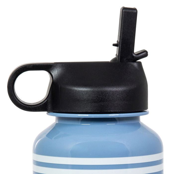 Close-up of a blue water bottle with a black lid on a white background