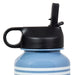 Close-up of a blue water bottle with a black lid on a white background