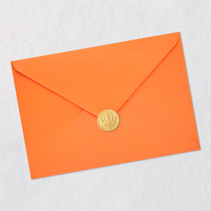Orange envelope with a gold seal on a light gray background