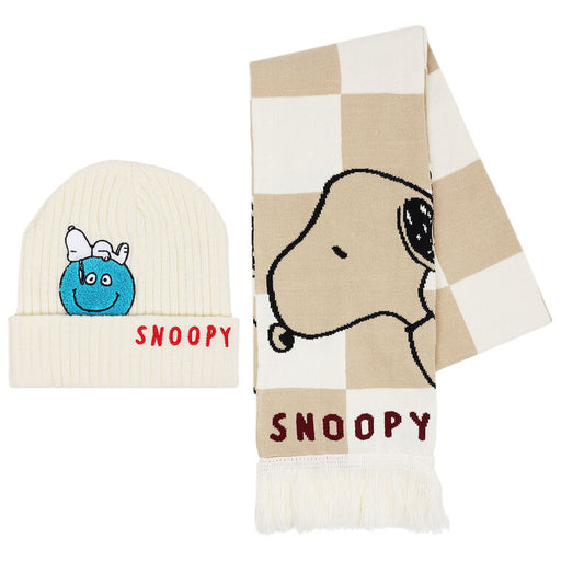 Snoopy-themed beanie and scarf set on a white background