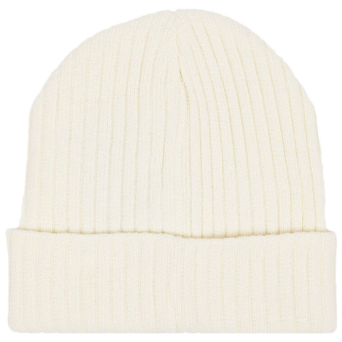 Beige knit beanie on a white background