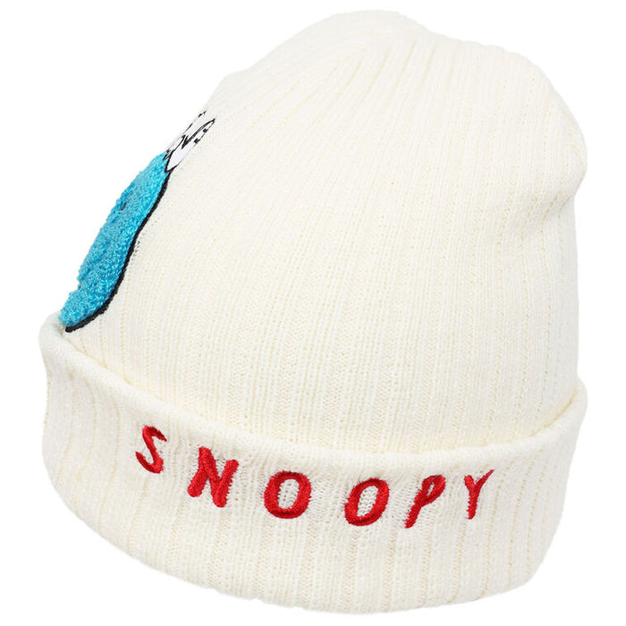 White beanie with blue patch and red 'SNOOPY' text on a white background