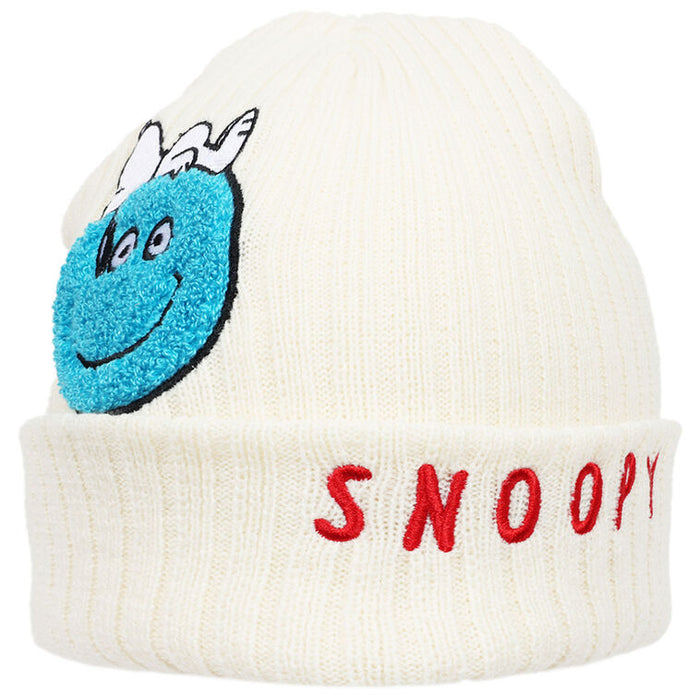 White beanie with blue Smurf face and 'SNOOPY' text on a white background