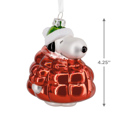 Christmas ornament of a dog in a red coat with a white hat, dimensions indicated.