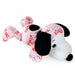 Plush toy resembling a dog with a pink bandana featuring red heart and cross patterns on a white background