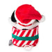 Plush toy resembling a dog in a candy cane outfit with a red hat on a white background