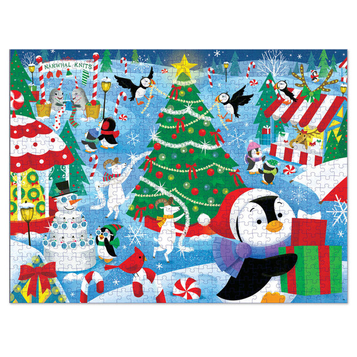 A completed jigsaw puzzle featuring a colorful Christmas penguin scene with a large decorated tree, candy canes, snow, and playful penguins and birds on a blue snowy background.