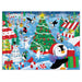 A completed jigsaw puzzle featuring a colorful Christmas penguin scene with a large decorated tree, candy canes, snow, and playful penguins and birds on a blue snowy background.